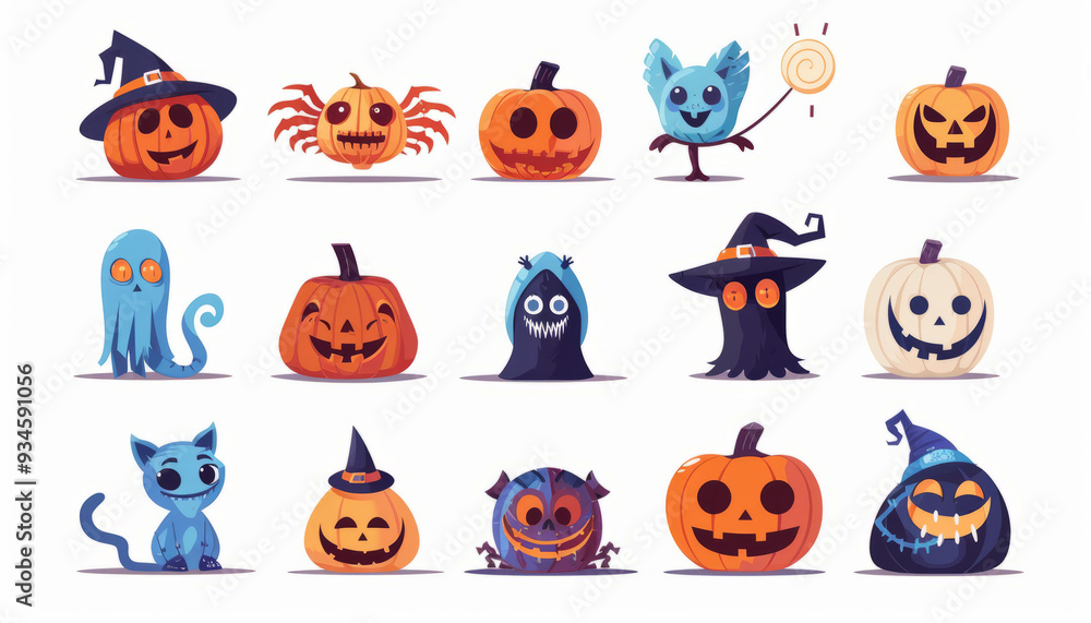 Cute and Spooky Set of Halloween Monsters and Characters in Cartoon Style - Digital Art on White Background Cute and Spooky Set of Halloween Monsters and Characters in Cartoon Style - Digital Art on White Background
