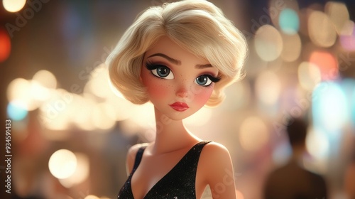 Stylish animated character with glamorous makeup and blonde hair wearing a chic short black dress