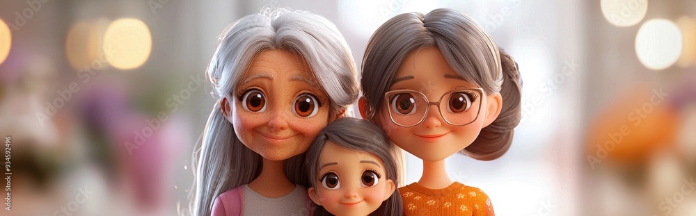 Three generations of girls in a 3D cartoon style grandmother mother and daughter Three generations of girls in a 3D cartoon style grandmother mother and daughter