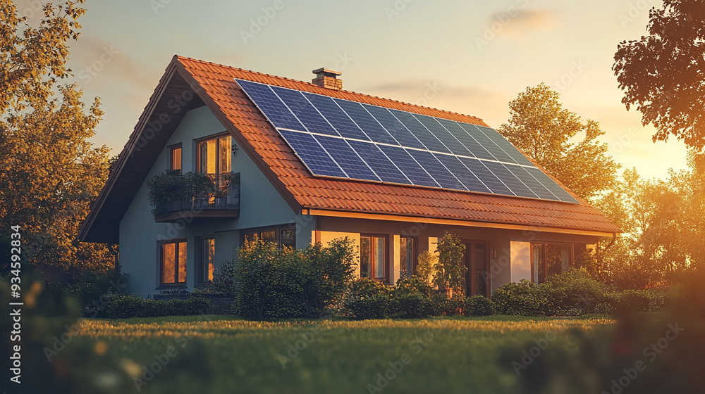 Photovoltaic system on the roof of suburban house. Modern eco friendly passive house with solar panels on the gable roof. Generative AI Photovoltaic system on the roof of suburban house. Modern eco friendly passive house with solar panels on the gable roof. Generative AI