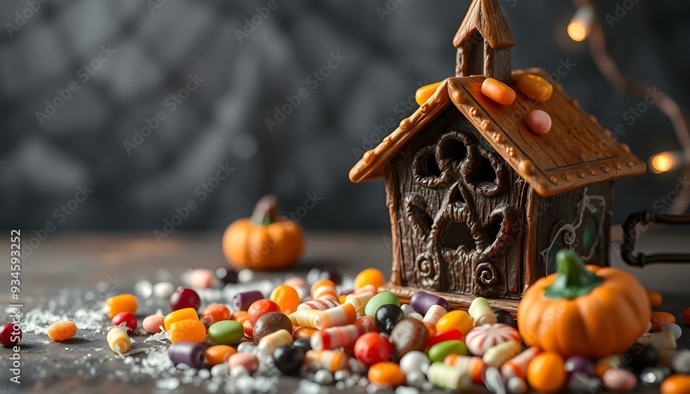 Fototapeta premium Candy-Covered Gingerbread House and Autumn Treats