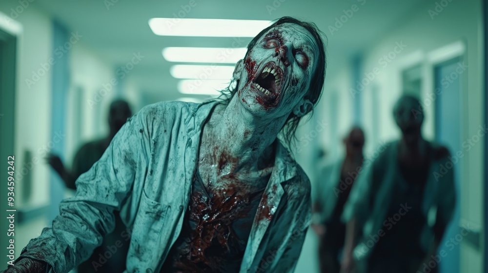 The moment of a zombie outbreak in a hospital, with patients and staff turning into zombies, creating a scene of horror and confusion The moment of a zombie outbreak in a hospital, with patients and staff turning into zombies, creating a scene of horror and confusion