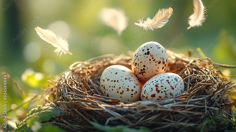Fototapeta premium Three speckled bird eggs in a nest with feathers floating above.