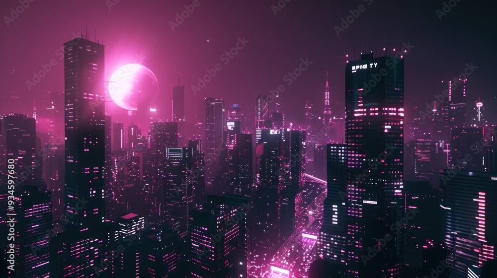 Neon Cityscape under a Pink Moon Neon Cityscape under a Pink Moon