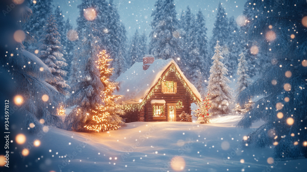 Naklejka premium Holiday background with a cozy cabin and snow