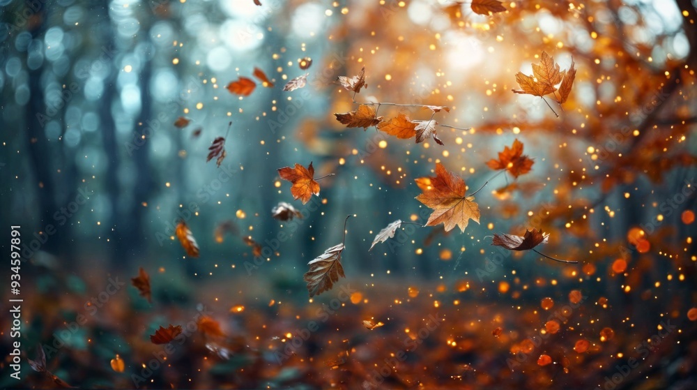 Autumn leaves falling gently in a misty forest, surrounded by warm sunlight and a magical bokeh effect, capturing the essence of fall.. Autumn leaves falling gently in a misty forest, surrounded by warm sunlight and a magical bokeh effect, capturing the essence of fall..