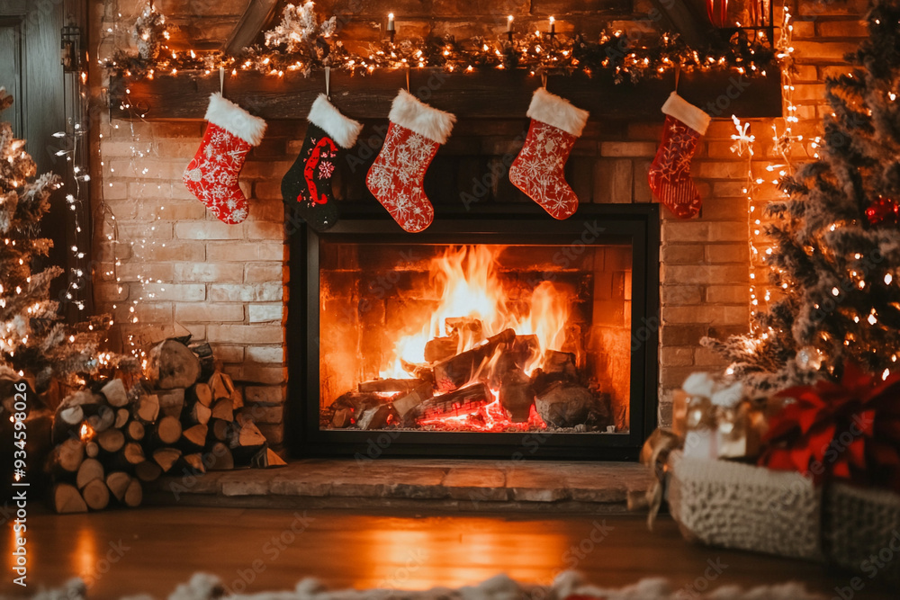 Holiday background with a cozy fireplace and stocking Holiday background with a cozy fireplace and stocking