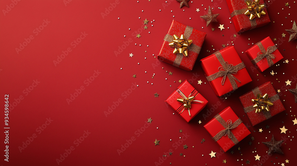 Several red gift boxes adorned with gold bows, arranged on a red background, create a festive and joyful atmosphere, enhanced by scattered star-shaped decorations and confetti. Several red gift boxes adorned with gold bows, arranged on a red background, create a festive and joyful atmosphere, enhanced by scattered star-shaped decorations and confetti.