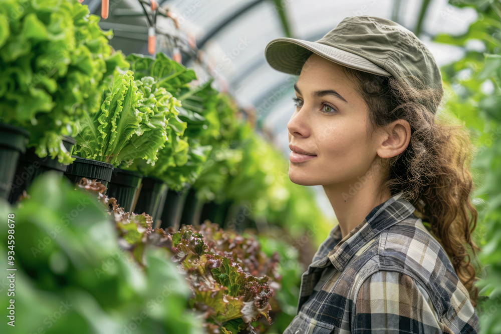 A woman proud of her lettuce crop using the hydroponic cultivation method. A more sustainable option compared to traditional agriculture, greatly reducing the consumption of water and fertilizer. A woman proud of her lettuce crop using the hydroponic cultivation method. A more sustainable option compared to traditional agriculture, greatly reducing the consumption of water and fertilizer.