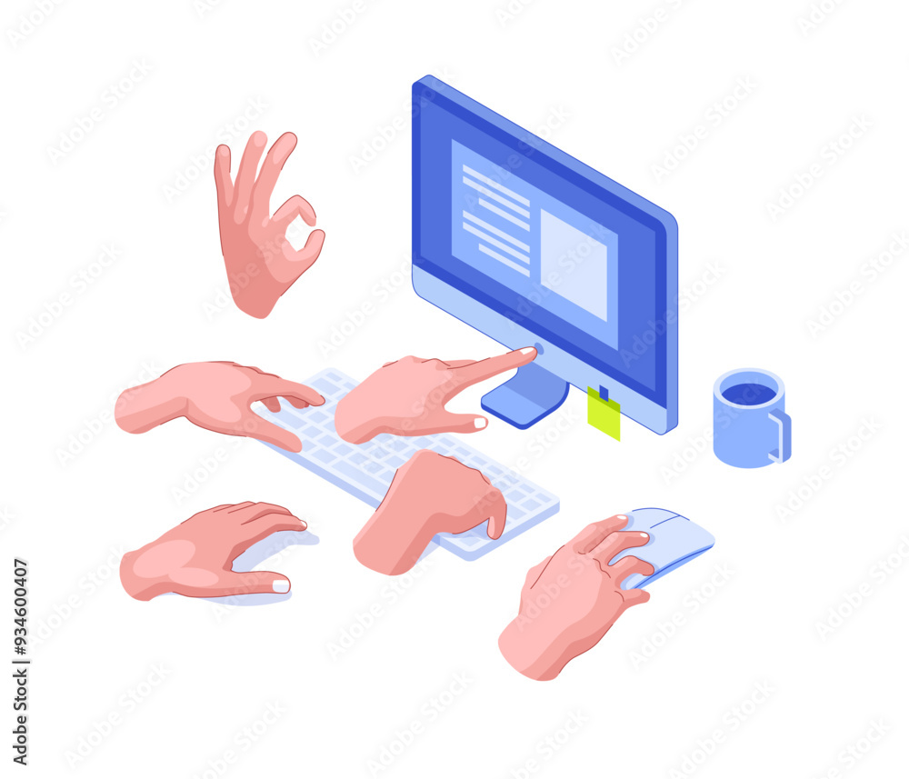 Vector Illustration Collection of Hands Using Computer. Arm Holding a ...