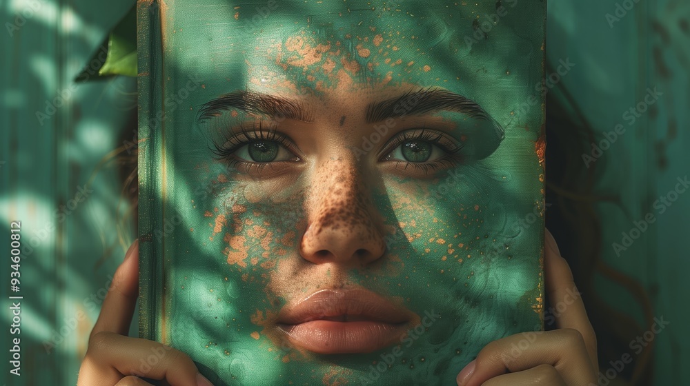 A Young Woman With Freckles Holding a Green Book Surrounded by Nature on a Sunny Day A Young Woman With Freckles Holding a Green Book Surrounded by Nature on a Sunny Day