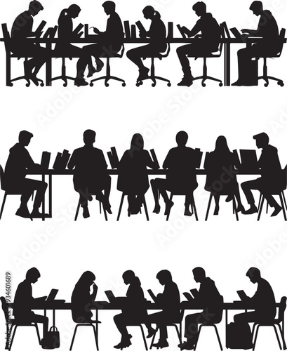 Silhouette of a students studying at a long table in the library, with the outline of their books and notes, atmosphere of academic vector