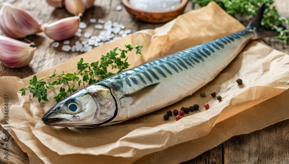 Fresh raw mackerel on brown paper, against an old wooden table Fresh raw mackerel on brown paper, against an old wooden table