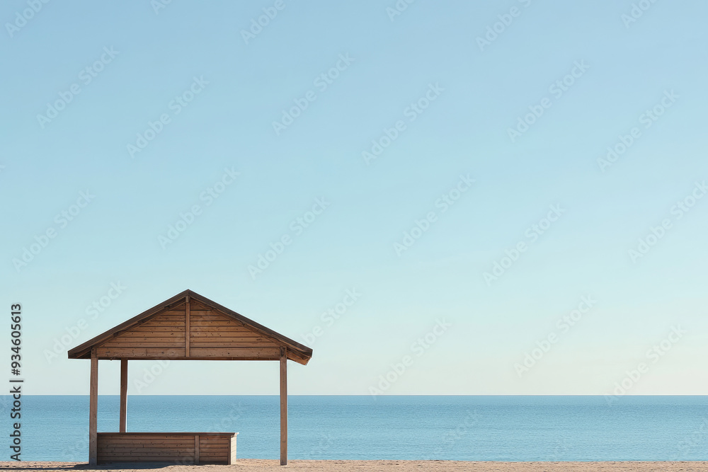 A Deserted Beach Cabana Against a Clear Sky Tranquil and Serene A Deserted Beach Cabana Against a Clear Sky Tranquil and Serene