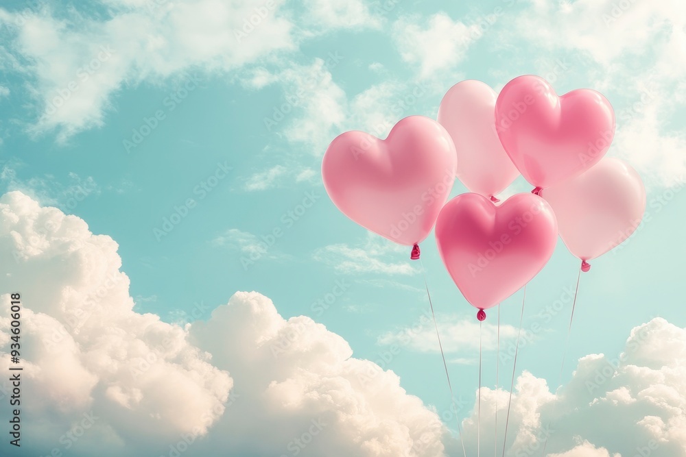 Valentine's day background with pink heart shaped balloons and clouds. Beautiful colorful valentine day heart in the clouds as abstract background with generative ai Valentine's day background with pink heart shaped balloons and clouds. Beautiful colorful valentine day heart in the clouds as abstract background with generative ai