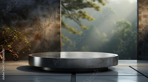 Metal podium product stand or display with blur background and cinematic light