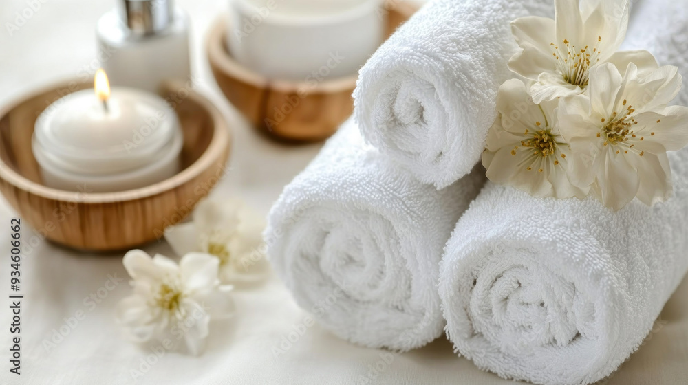 A set of white towels are arranged on a table with a vase of flowers and candles. The candles are lit, creating a warm and inviting atmosphere. The towels are rolled up and placed neatly on the table A set of white towels are arranged on a table with a vase of flowers and candles. The candles are lit, creating a warm and inviting atmosphere. The towels are rolled up and placed neatly on the table
