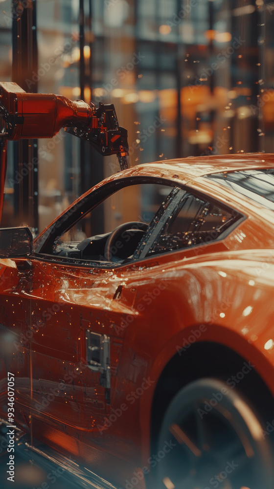 Obraz premium A red car is being built in a factory. The car is in the process of being painted and has a shiny, new look. The scene is industrial and has a sense of motion and progress