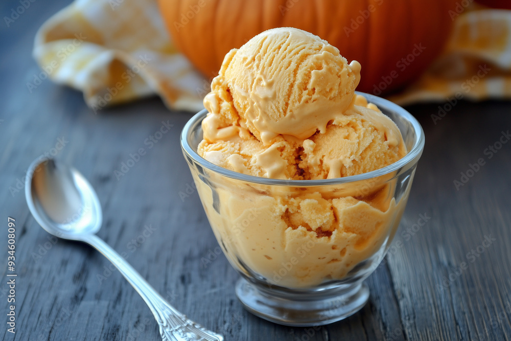 Pumpkin Ice Cream in a Glass Bowl on Rustic Table Pumpkin Ice Cream in a Glass Bowl on Rustic Table