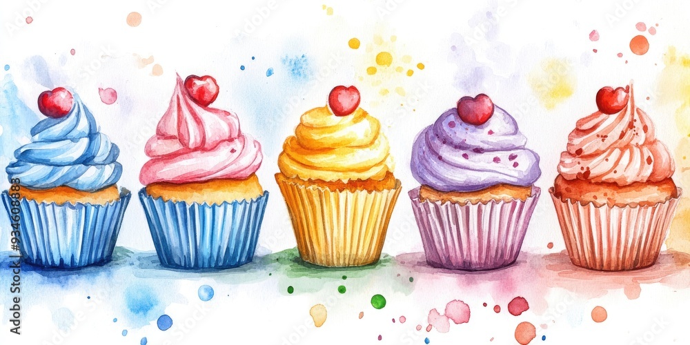 Watercolor illustration featuring a card with cupcakes Watercolor illustration featuring a card with cupcakes