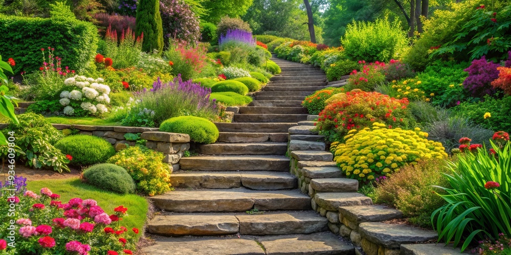 Stone steps winding through a peaceful garden surrounded by lush greenery and colorful flowers Stone steps winding through a peaceful garden surrounded by lush greenery and colorful flowers