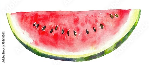 Watercolor illustration of a hand drawn watermelon slice on a white background photo