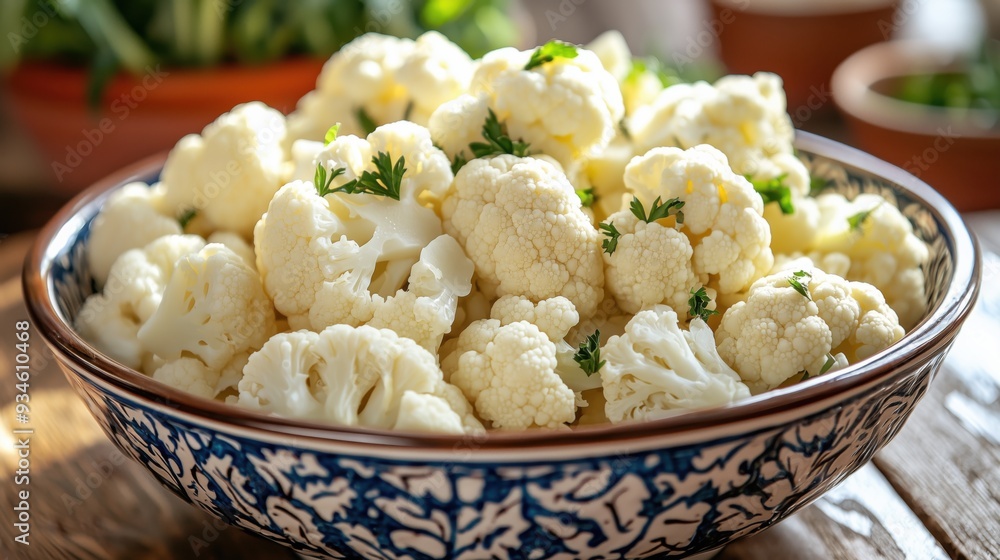 Fresh cauliflower pieces in a wooden bowl Fresh cauliflower pieces in a wooden bowl