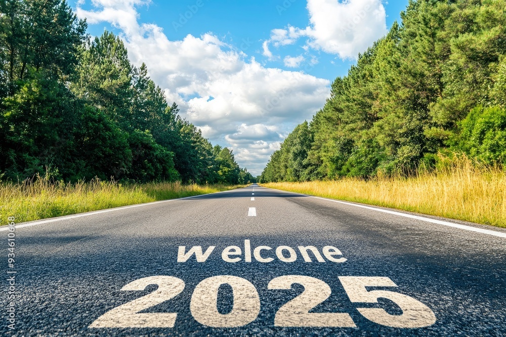 2025" written on the asphalt road. Concept photo of the new year 2025. New year, new