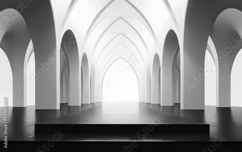 Smooth abstract interior in black and white with a gothic design 3D rendering and illustration