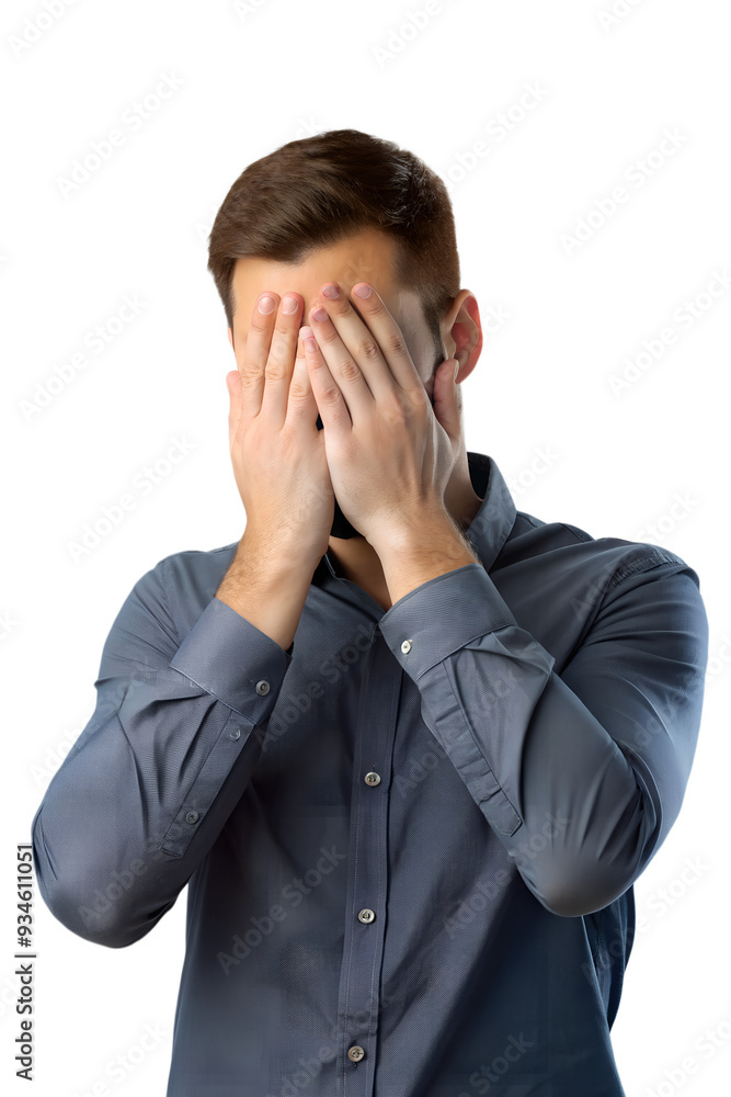 Young man covering her eyes isolated on a transparent background Young man covering her eyes isolated on a transparent background