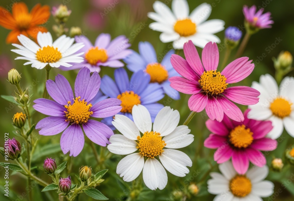 A close-up view of colorful wildflowers, showcasing the intricate details of petals and pollen with a soft-focus background A close-up view of colorful wildflowers, showcasing the intricate details of petals and pollen with a soft-focus background