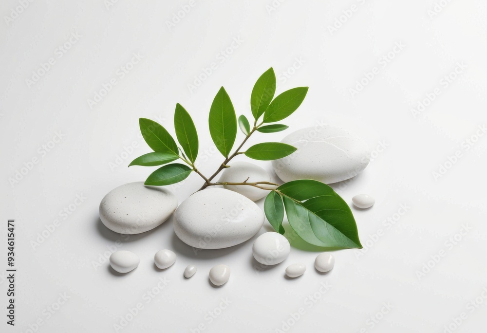 A minimalist composition with a sprig of green leaves and smooth white stones on a clean, white background A minimalist composition with a sprig of green leaves and smooth white stones on a clean, white background