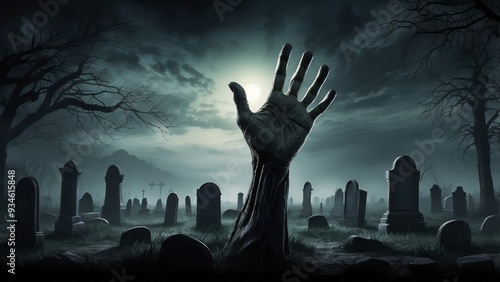 A Graveyard with a Reaching Hand Emerging from the Ground