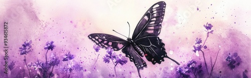 Watercolor illustration of a black butterfly feeding on purple flowers photo