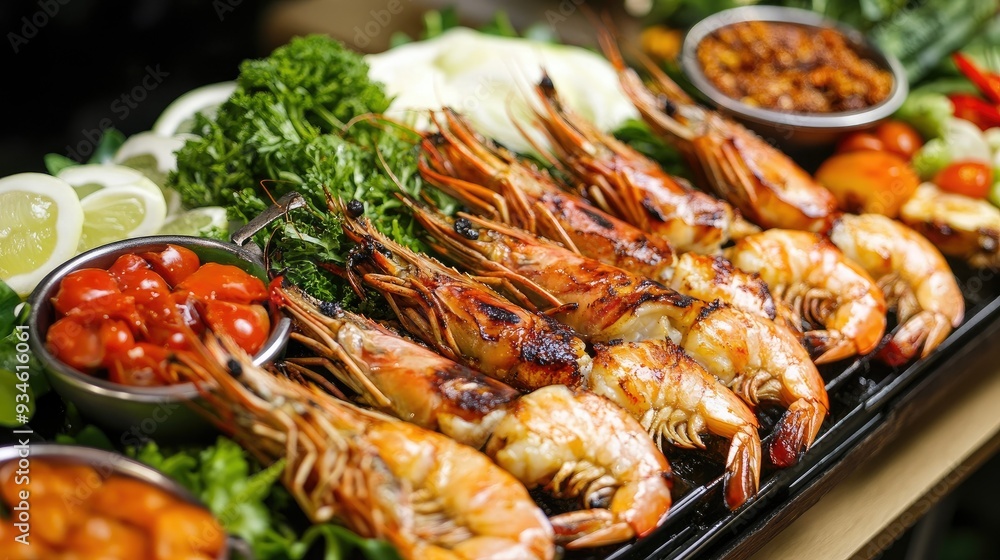A Thai seafood buffet featuring grilled shrimp prawns, fresh vegetables, and seafood sauce served on a tray. The image captures the flavorful and colorful essence of the meal. A Thai seafood buffet featuring grilled shrimp prawns, fresh vegetables, and seafood sauce served on a tray. The image captures the flavorful and colorful essence of the meal.