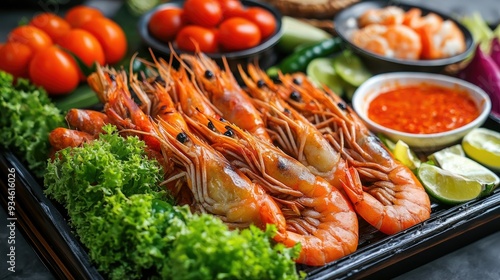 A Thai seafood buffet featuring grilled shrimp prawns, fresh vegetables, and seafood sauce served on a tray. The image captures the flavorful and colorful essence of the meal.