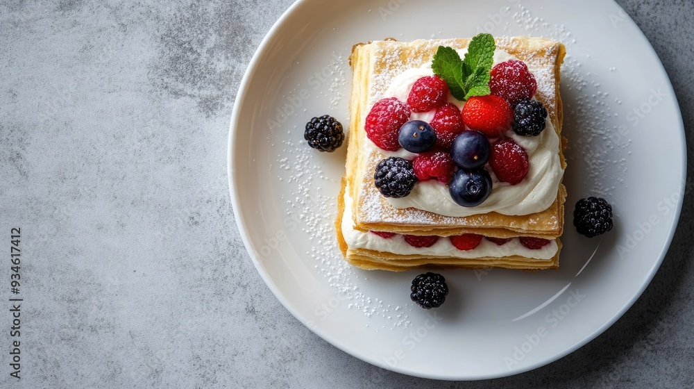 A top-down view of a millefeuille with crisp layers of pastry, smooth vanilla cream, and fresh berries, elegantly arranged on a white plate on a gray concrete surface. A top-down view of a millefeuille with crisp layers of pastry, smooth vanilla cream, and fresh berries, elegantly arranged on a white plate on a gray concrete surface.
