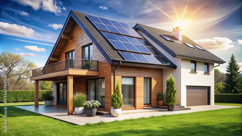 Sustainable modern house with solar panels and heat pump, featuring green technology and energy efficiency Sustainable modern house with solar panels and heat pump, featuring green technology and energy efficiency