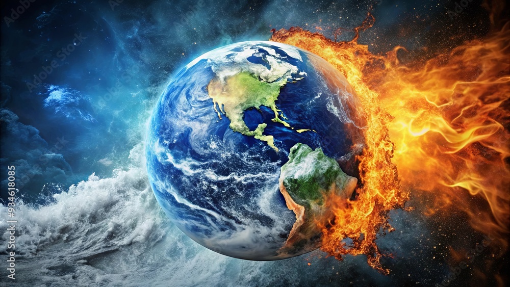 A powerful image of the Earth in the balance between fire and water, showcasing nature's fury and destructive elements A powerful image of the Earth in the balance between fire and water, showcasing nature's fury and destructive elements