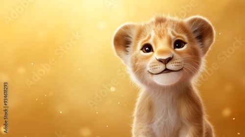 Adorable Lion Cub Portrait with Golden Bokeh Background