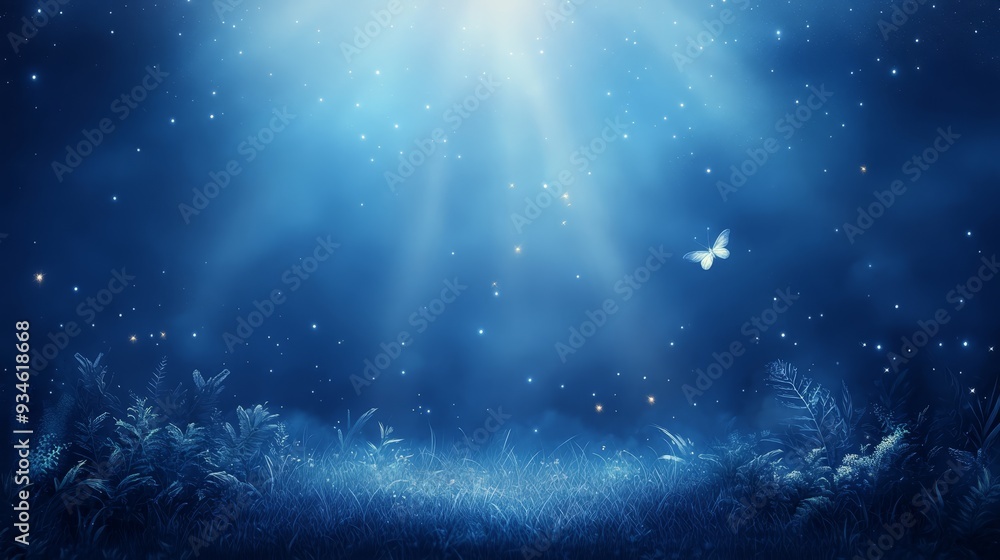 Obraz premium Magical Night Sky with Flying Butterfly and Glowing Lights