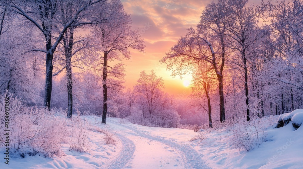 Obraz premium A tranquil winter scene in Bieszczady, with snow-covered trees and a vibrant sunset creating a magical atmosphere.