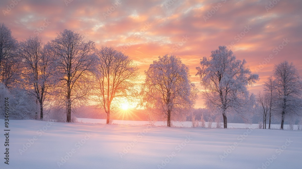 A tranquil winter scene in Bieszczady, with snow-covered trees and a vibrant sunset creating a magical atmosphere. A tranquil winter scene in Bieszczady, with snow-covered trees and a vibrant sunset creating a magical atmosphere.