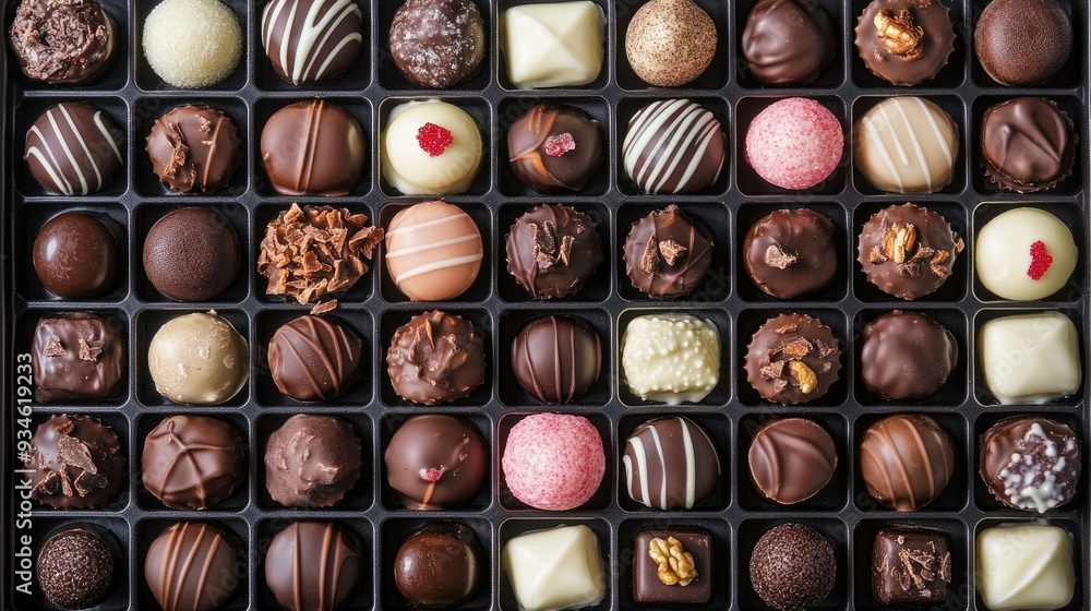 A tray of assorted chocolate bonbons with different fillings, arranged in an elegant pattern. A tray of assorted chocolate bonbons with different fillings, arranged in an elegant pattern.