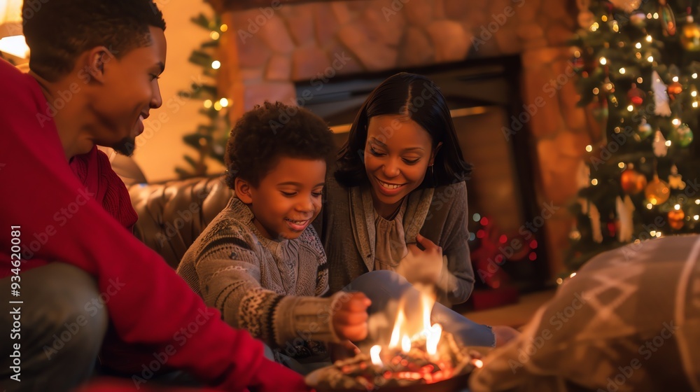 A family of three is enjoying a warm evening by a fireplace. A family of three is enjoying a warm evening by a fireplace.