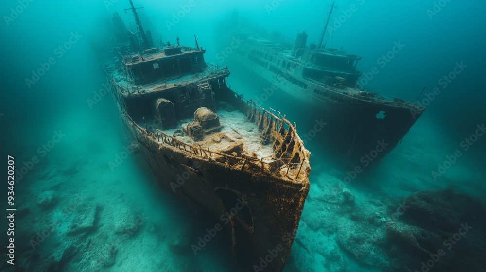 Sunken ships lie beneath the water’s surface, partially obscured by shifting sands and marine life. The eerie, submerged vessels evoke a sense of mystery and lost history. Sunken ships lie beneath the water’s surface, partially obscured by shifting sands and marine life. The eerie, submerged vessels evoke a sense of mystery and lost history.