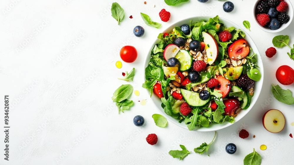 A vibrant top view of a fresh vegetable salad, muesli, and an assortment of fruits like apples and berries, set on a plain white background. A vibrant top view of a fresh vegetable salad, muesli, and an assortment of fruits like apples and berries, set on a plain white background.