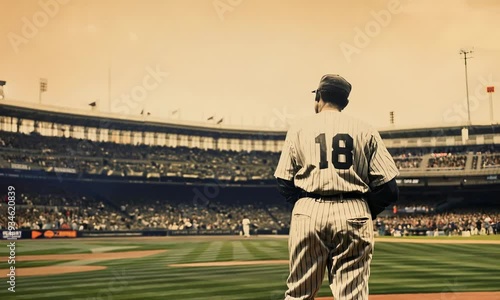 Vintage style baseball player in uniform looking at the field