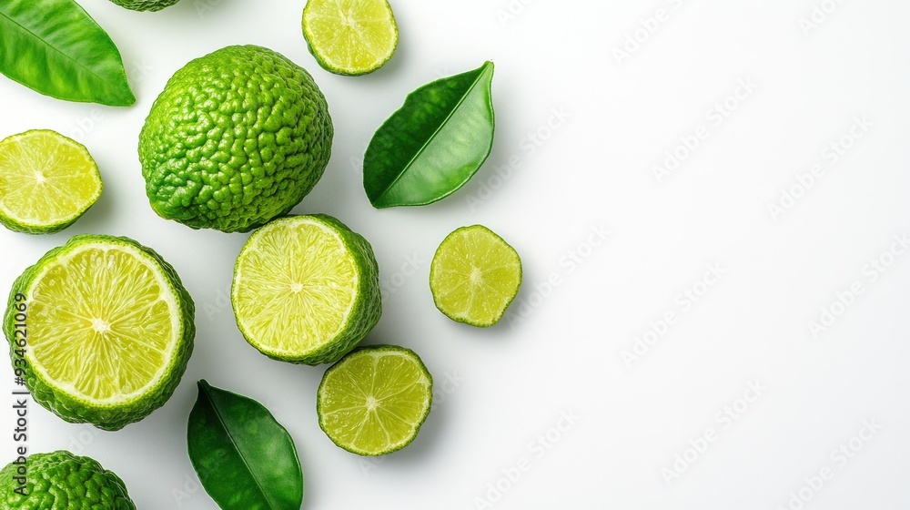 A white background featuring a green bergamot fruit and its half-cut section, with vibrant pulp visible and ample space for text. A white background featuring a green bergamot fruit and its half-cut section, with vibrant pulp visible and ample space for text.