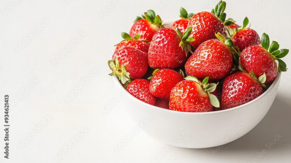 A white bowl filled with red ripe strawberries on a light white background. The vibrant red berries contrast beautifully with the simplicity of the setting. A white bowl filled with red ripe strawberries on a light white background. The vibrant red berries contrast beautifully with the simplicity of the setting.